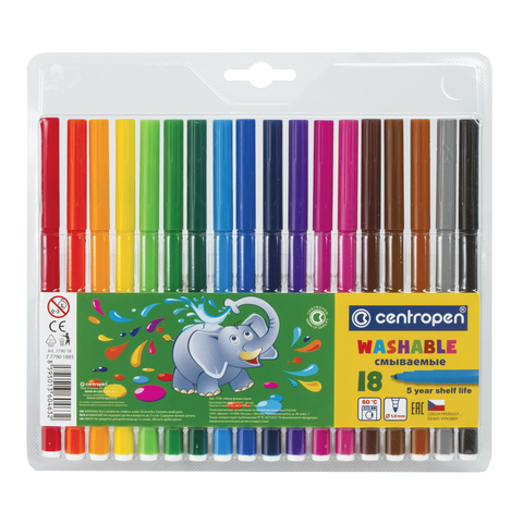 фломастеры 18цв. centropen "washable", смываемые, 7 7790 1885