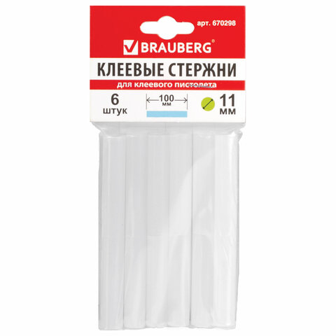 клеевые стержни brauberg 11мм*10см 06шт/уп, белые 670298
