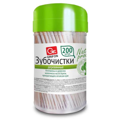 зубочистки деревянные комплект 200 шт., в диспенсере, grifon, 400-003