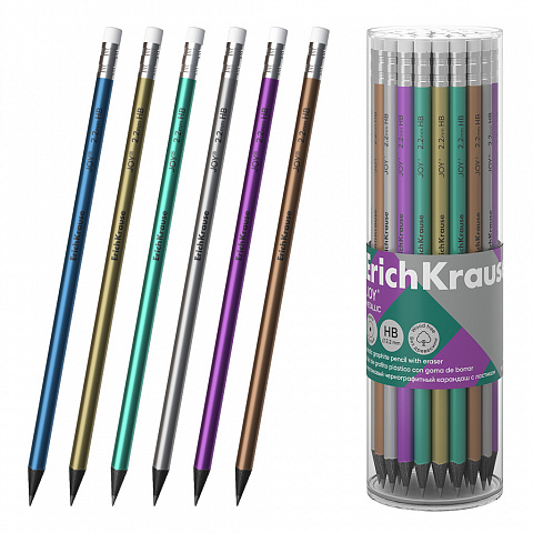 карандаш с ласт. erichkrause joy® metallic hb круглый пластиковый 55274