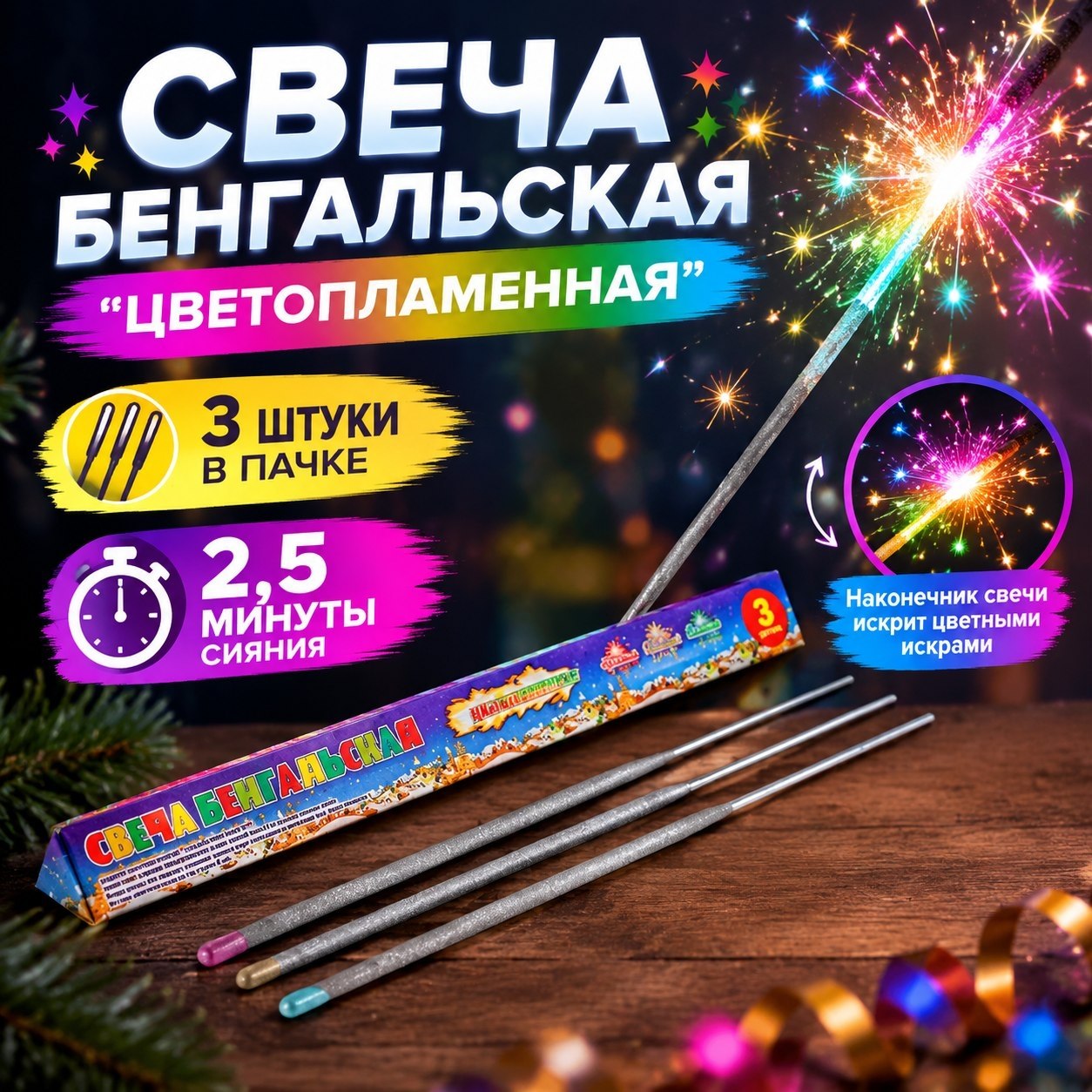 свеча бенгальская 400мм цветопламенные сб400ц3 3 шт/уп