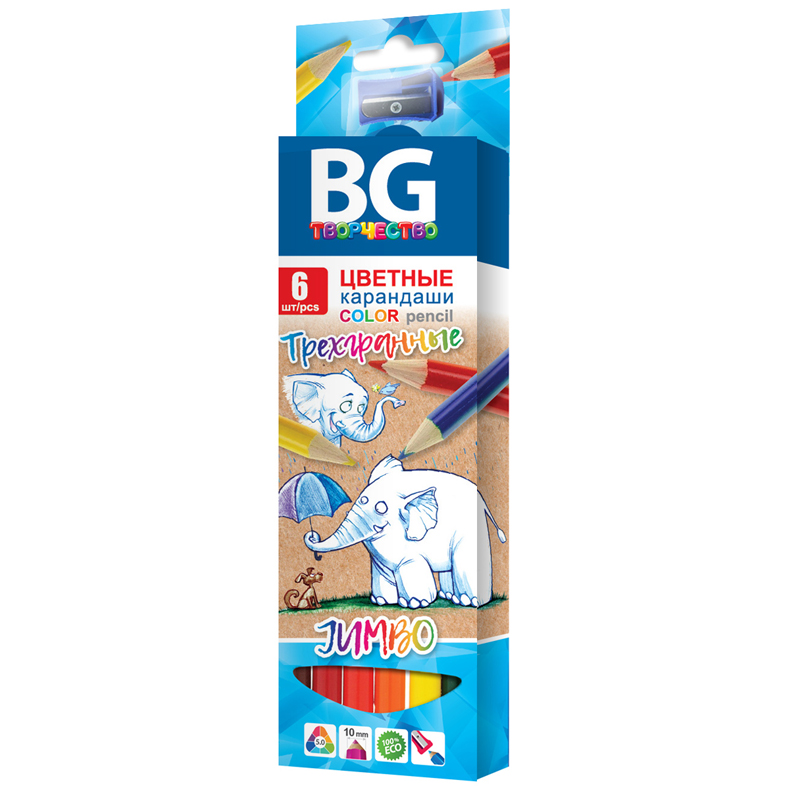 карандаши 06цв. bg "jumbo", трехгран., утолщенные, 5мм, kr6c_t 4643