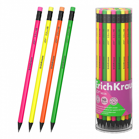 карандаш с ласт. erichkrause joy® neon hb круглый пластиковый 43582