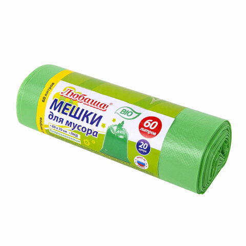мешки для мусора биоразлагаемые 60 л, зеленые, рулон 20 шт., пнд 15 мкм, 60х70 см, любаша, 608099