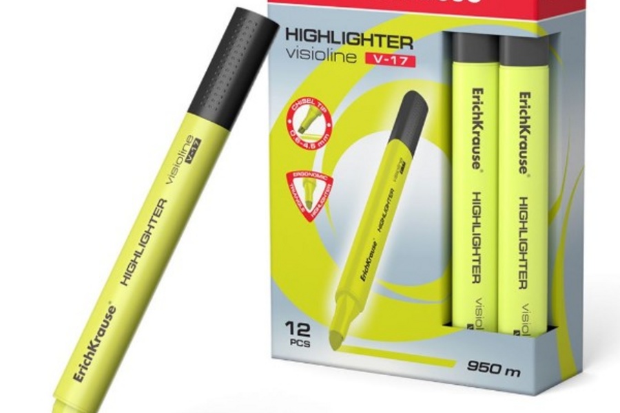 текстовыделитель erichkrause visioline v-17 neon, цвет чернил желтый 