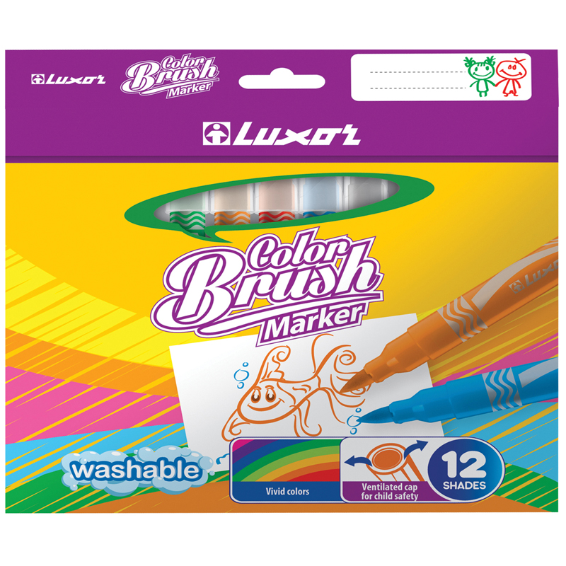 фломастеры с наконечником-кистью 12цв. luxor "color brush", 12цв., смываемые