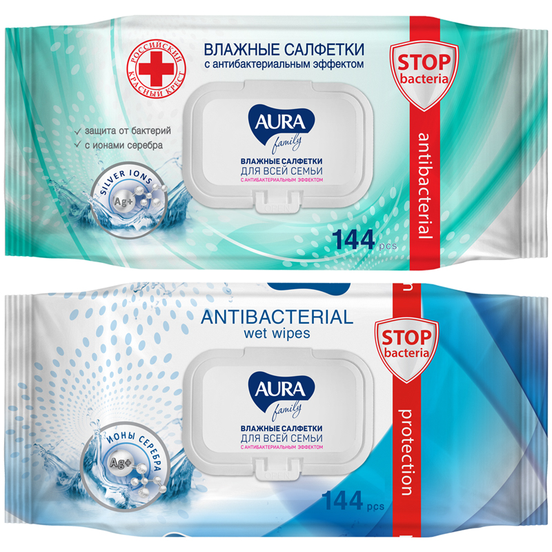 салфетки влажные aura "family", big-pack с крышкой, 15*14см, 144шт., антибактериальные