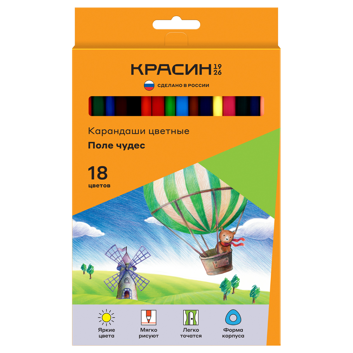 карандаши 18цв. красин "поле чудес", трехгр., заточен., картон