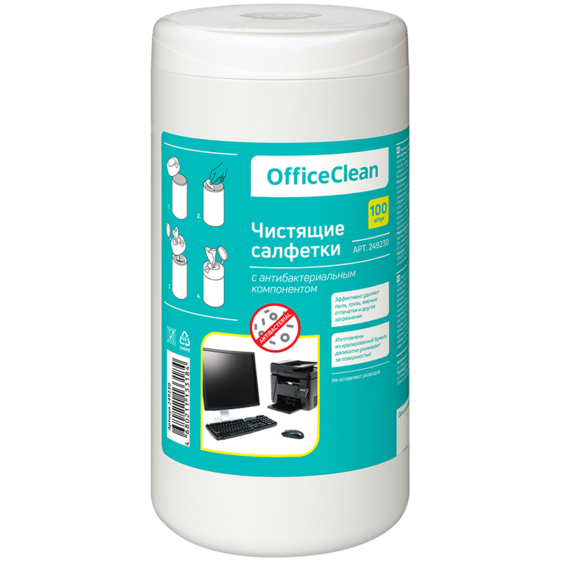 салфетки чистящие влажные officeclean, универсальные, антибактериальные, в тубе, 100шт.,249230