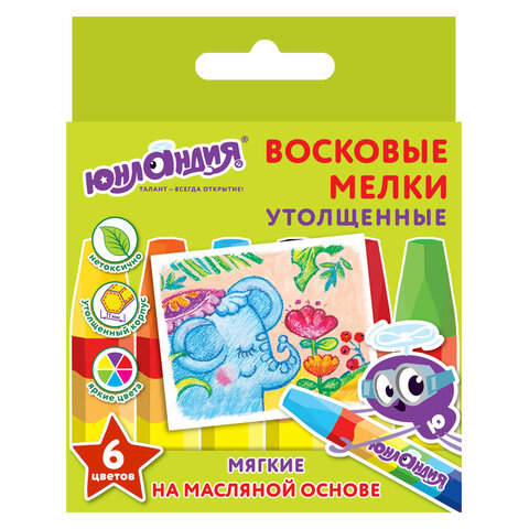 восковые мелки утолщенные юнландия "юнландик и индийский слон", набор 6 цветов, масляная основа, 227