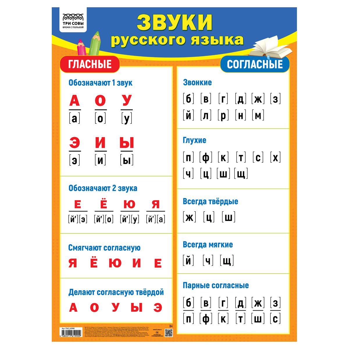 плакат обучающий три совы "звуки русского языка", 440*600мм