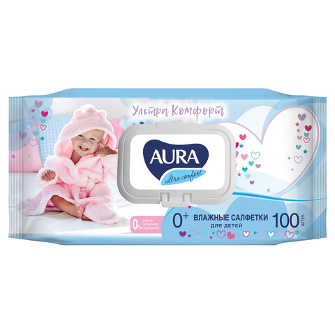 салфетки влажные комплект 100 шт., aura "ultra comfort", гипоаллергенные, без спирта, крышка-клапан,