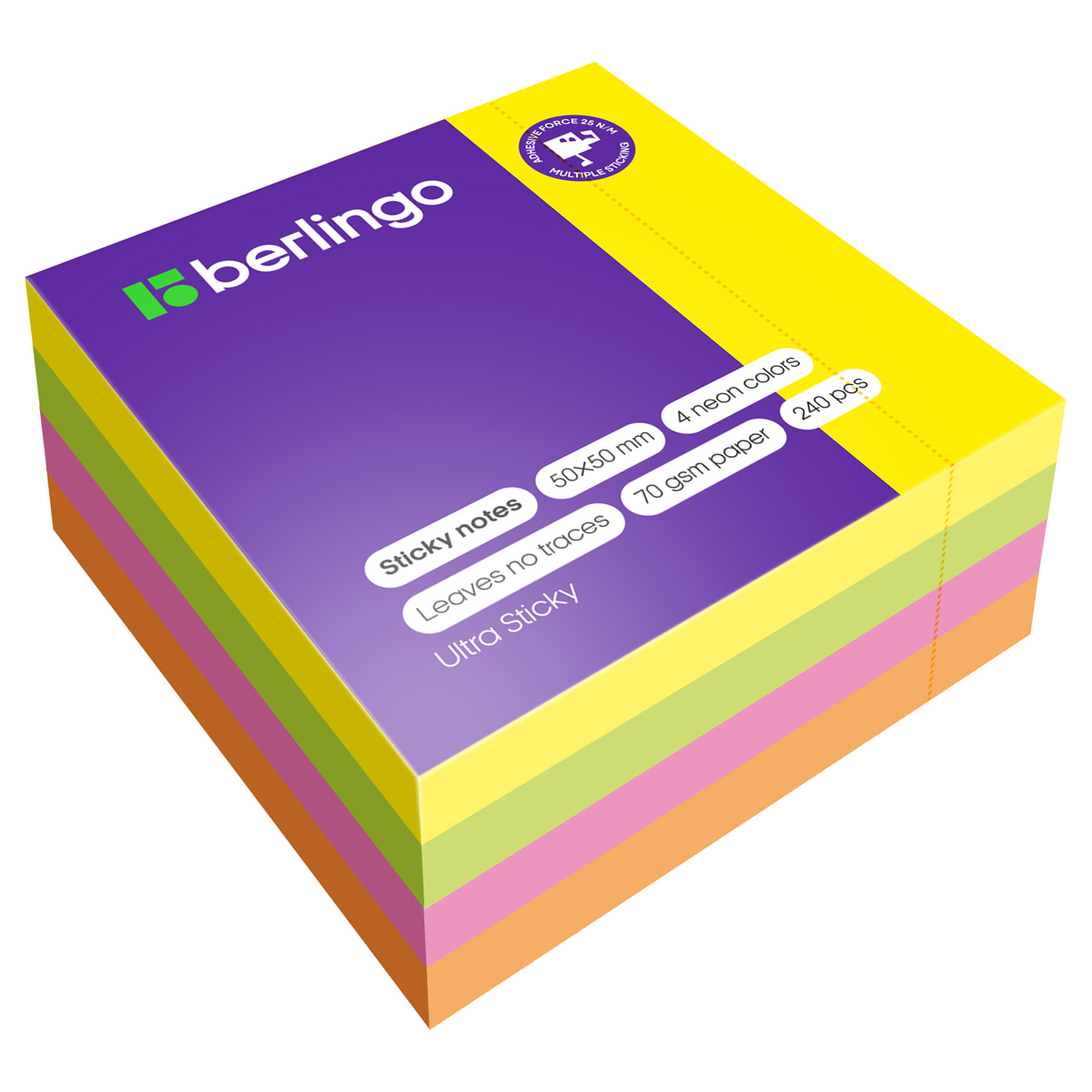самоклеящийся блок berlingo "ultra sticky", 50*50мм, 240л., 4 неоновых цвета