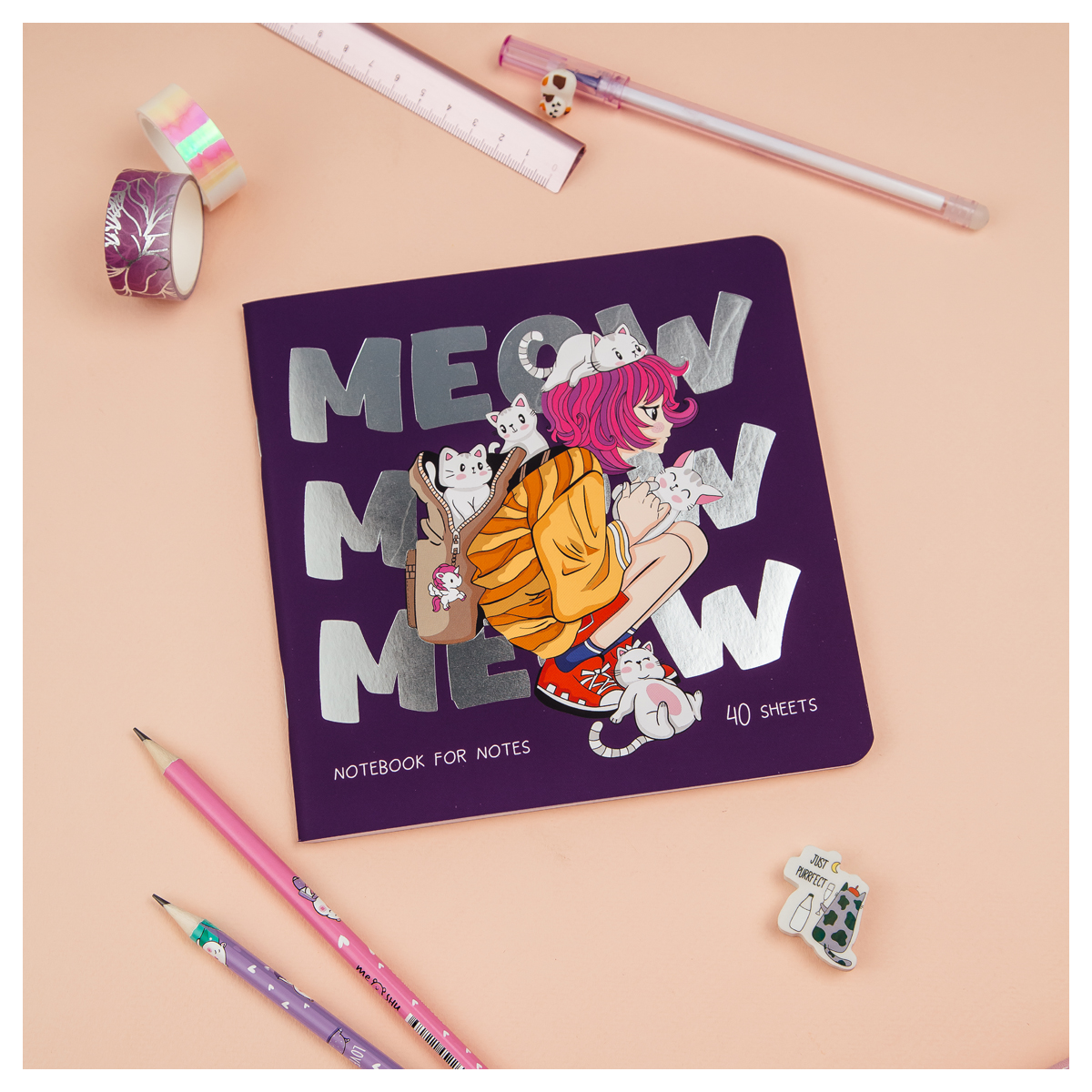 записная книжка 170*170мм 40л. meshu "meow", soft-touch ламинация, тиснение фольгой, блок без линовк