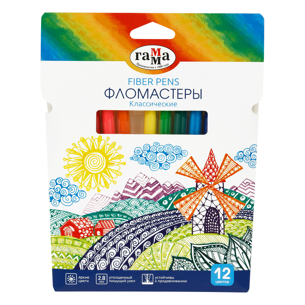 фломастеры 12цв. гамма "классические", смываемые, картон. упак. 130822_12