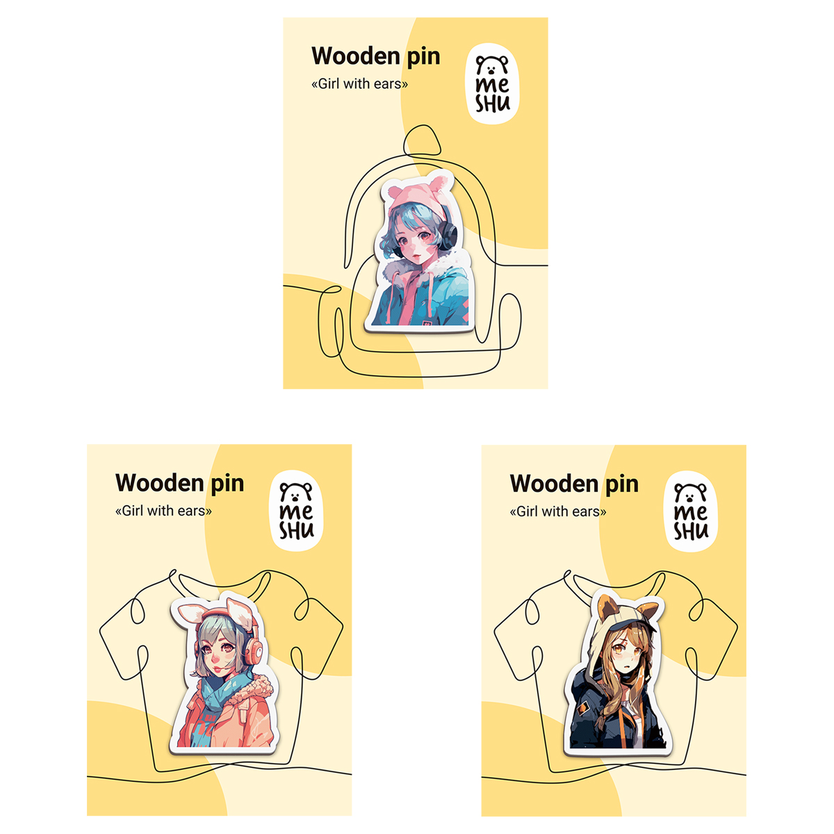 значок деревяный meshu "girls with ears", каширование