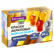краски акриловые металлик для рисования и творчества 6 цветов по 20 мл, brauberg hobby, 192437