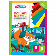 картон цветной а4, artspace, 8л., 8цв., немелованный, в папке, "лисичка"