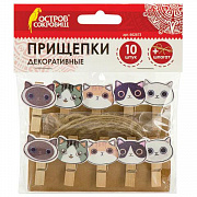 прищепки декоративные "котики", 10 штук, 3,5 см, ассорти, со шпагатом, остров сокровищ, 662673
