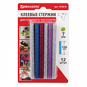 клеевые стержни brauberg 7мм*10см 12шт/у, цветные (ассорти),с блестками 670319
