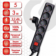 сетевой фильтр sonnen u-3513, 5 розеток, с заземлением, выключатель, 10 а, 3 м, черный, 513489