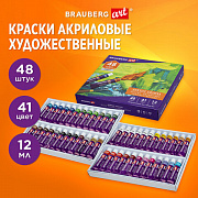 краски акриловые художественные, набор 48 штук, 41 цвет по 12 мл, в тубах, brauberg art debut, 19229