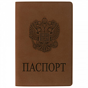 обложка для паспорта staff, мягкий полиуретан, "герб", светло-коричневая, 237609